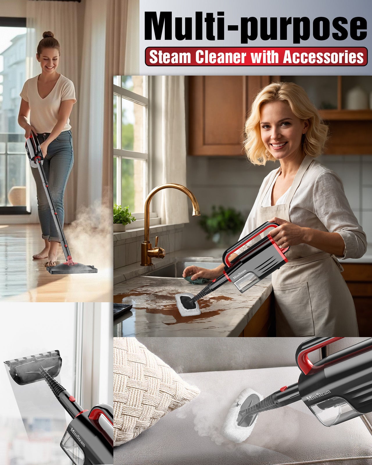Steam Mop Cleaner Safe High-temp for Deep Cleaning, Lightest Detachable Floor Steamer with 2 Steam Mode 3 Adjustable Level Heavy Duty Powerful Handheld Steam Cleaner for Hardwood & Laminate Tile Grout