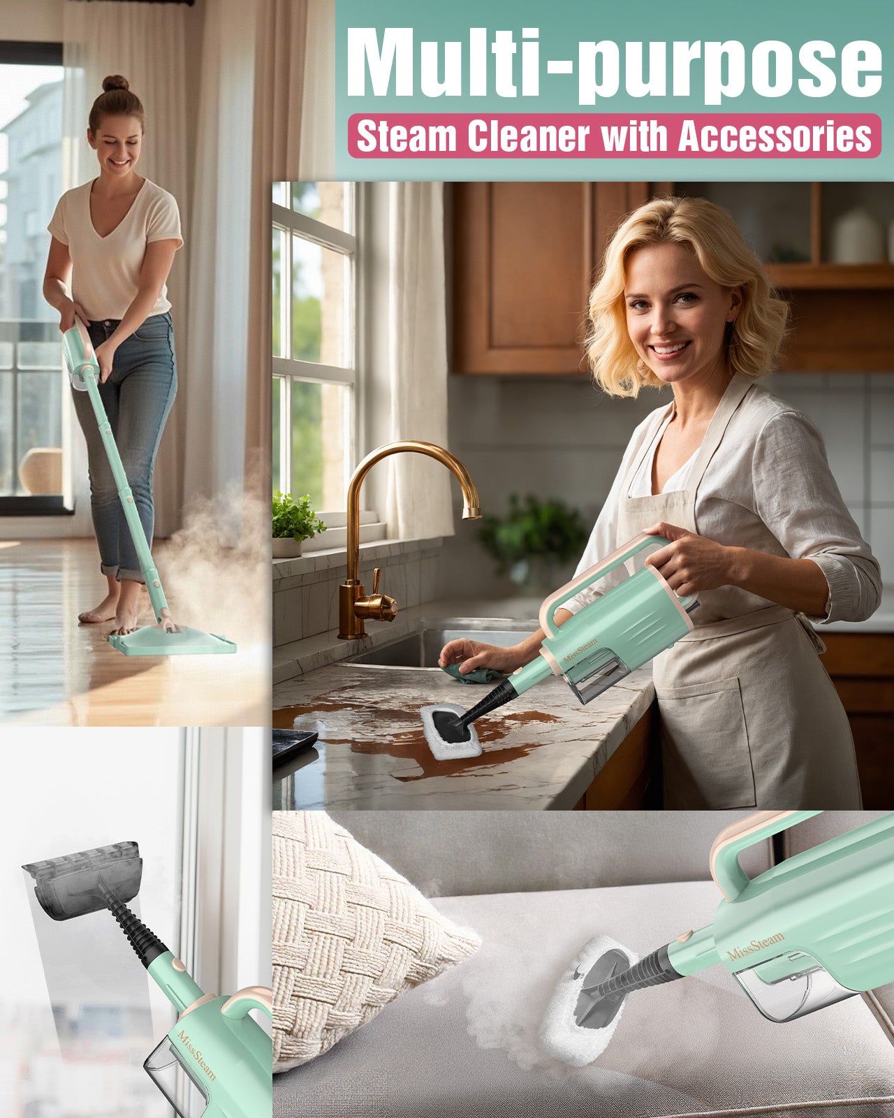 Steam Mop Cleaner Detachable Handheld Steam Cleaner with Safe High-temp Spray Cleaning, 2 Steam Modes 3 Adjustable Levels Heavy Duty Powerful Floor Steamer for Hardwood&Laminate Floor Tile Grout